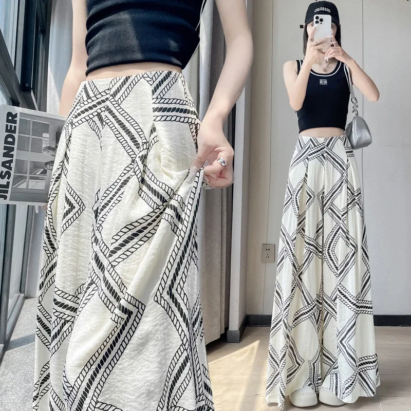 Vintage Qian-style Ice Silk Linen Wide-leg Pants