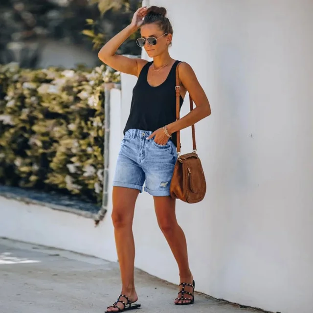 Women's High - Waisted Tassel Ripped Denim Shorts (Plus Size, 7 Colors Added) Detail