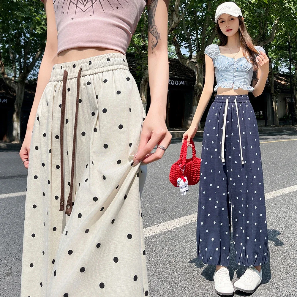 Ice Silk Polka Dot Linen Casual Pants