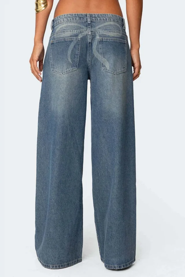 Women's Wide-Leg Printed Denim Pants Detail
