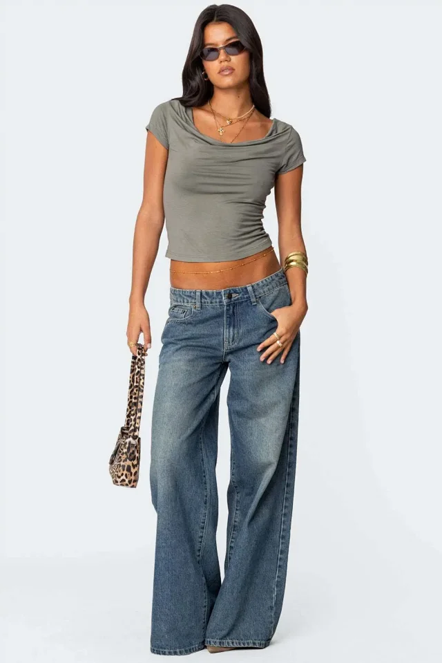 Women's Wide-Leg Printed Denim Pants Detail