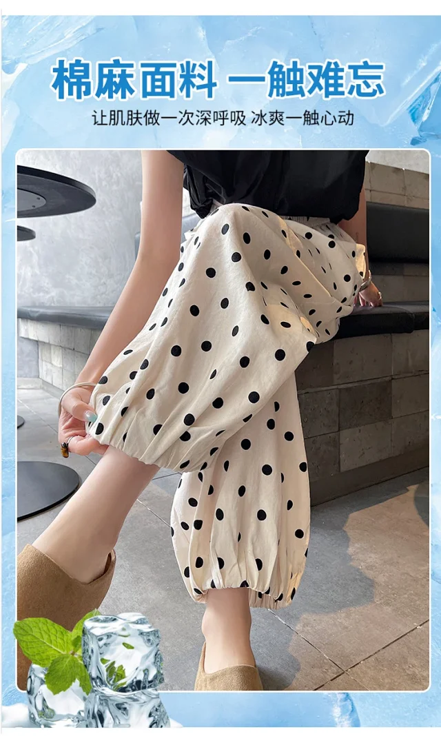 Women's Summer Ice Silk Polka Dot Cotton-Linen Pants Detail