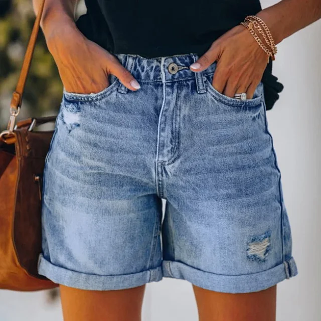 Women's High - Waisted Tassel Ripped Denim Shorts (Plus Size, 7 Colors Added) Detail