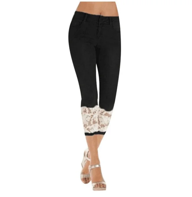 European & American Lace Hem Slim Fit Jeans Detail