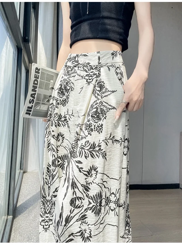 Vintage Floral Linen Wide-Leg Pants Detail