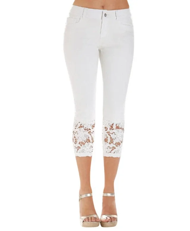 European & American Lace Hem Slim Fit Jeans Detail