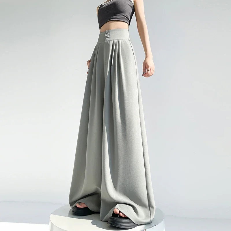 2025 White Wide - leg Ice Silk Trousers for Women