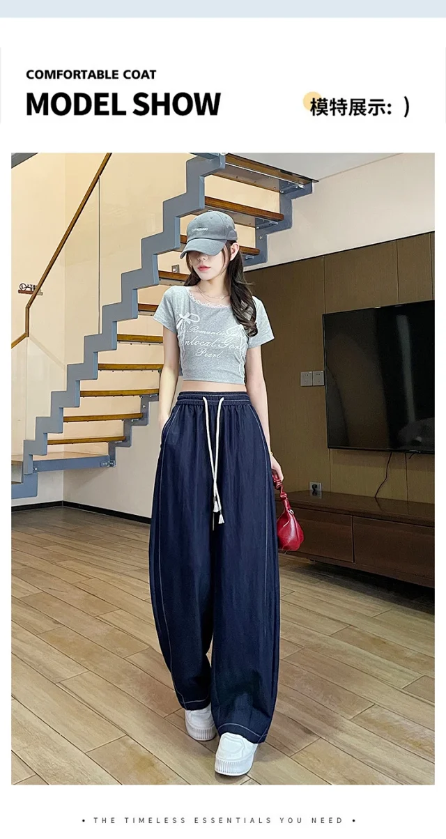 2025 Summer Women's Navy Tencel Wide-Leg Jeans Detail