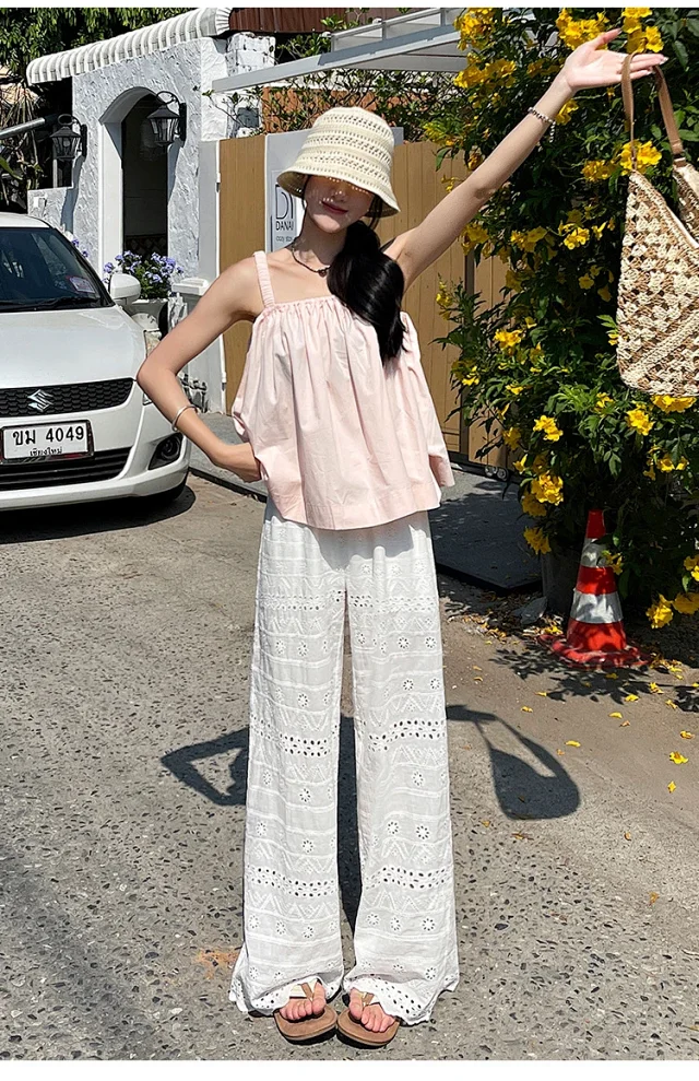 White Lace Hollow-out Women's Wide-leg Pants Detail
