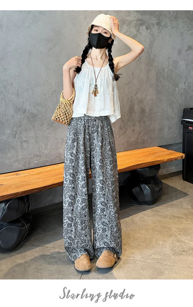 Linen Jacquard Wide-Leg Pants for Women Detail