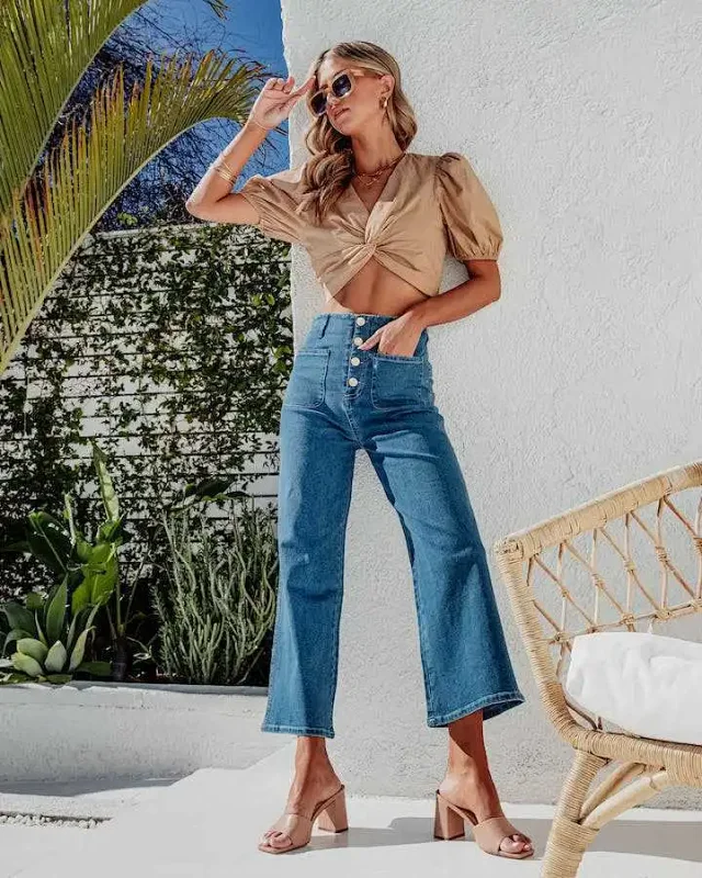 Retro Indigo Striped Wide-Leg High-Waist Jeans Detail