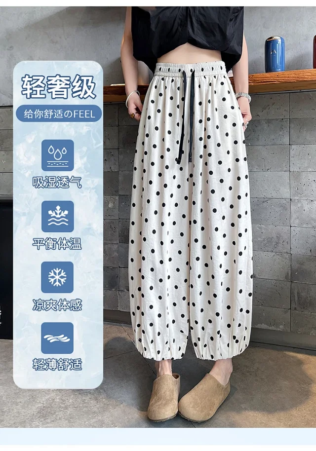 Women's Summer Ice Silk Polka Dot Cotton-Linen Pants Detail