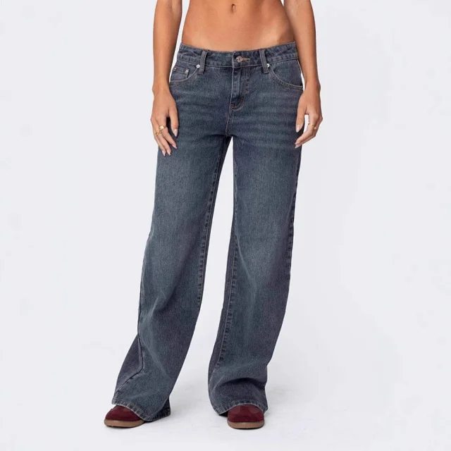 Wide-Leg Low-Waist Retro Denim Pants for Women Detail