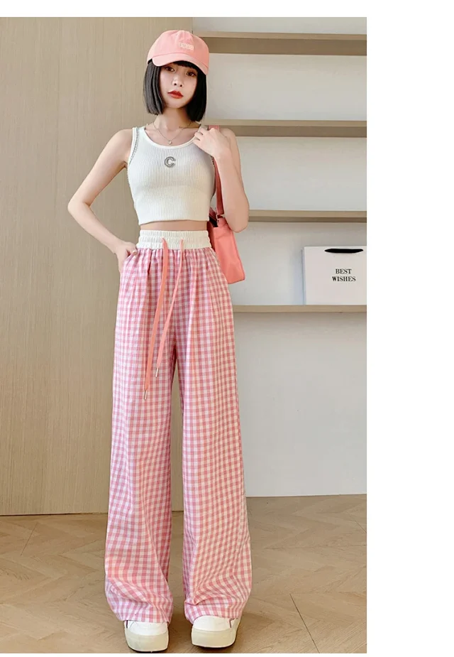 2025 Summer Thin High - waisted Retro Plaid Wide - leg Pants Detail
