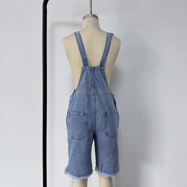 Men's Denim Suspender Shorts with Ripped Design Detail