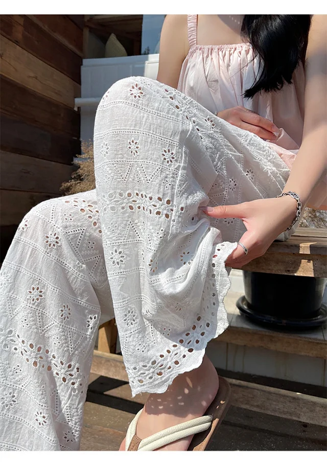 White Lace Hollow-out Women's Wide-leg Pants Detail