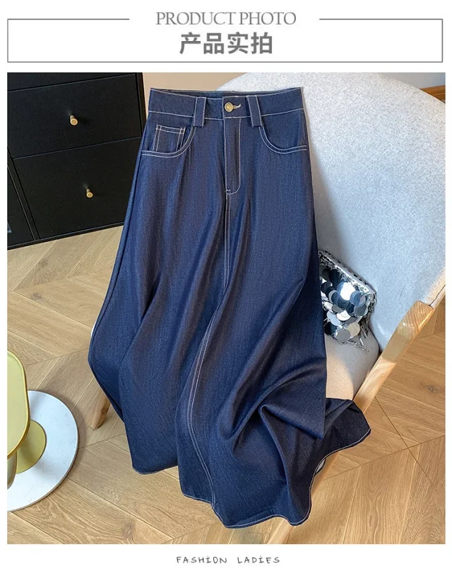 Denim Blue 2025 Tencel Denim Midi A-Line Skirt Detail