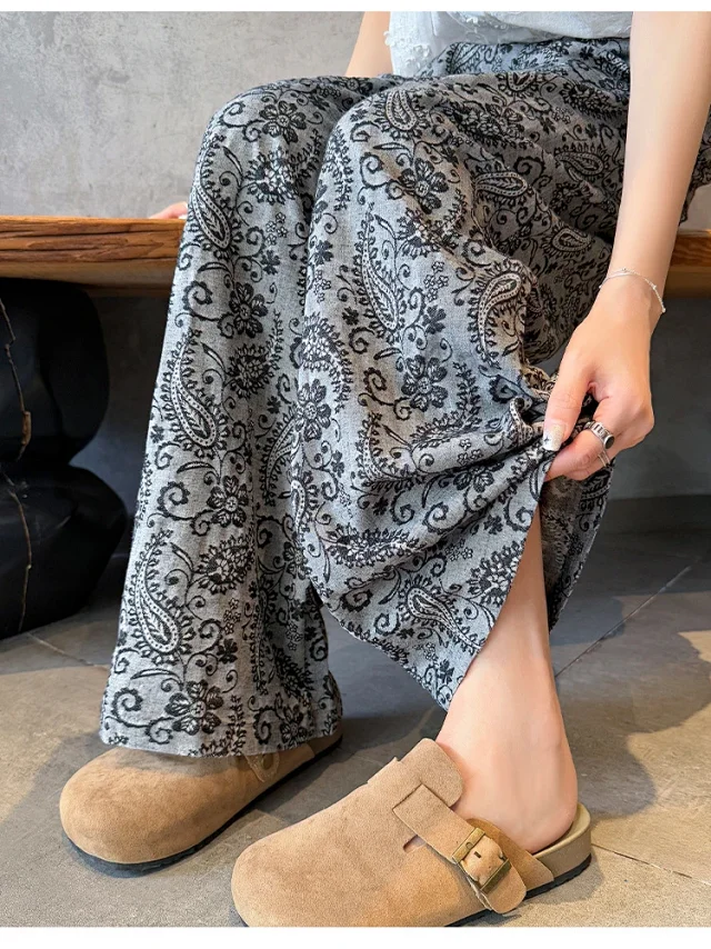 Linen Jacquard Wide-Leg Pants for Women Detail
