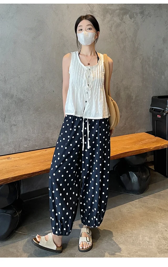 Women's Summer Ice Silk Polka Dot Cotton-Linen Pants Detail