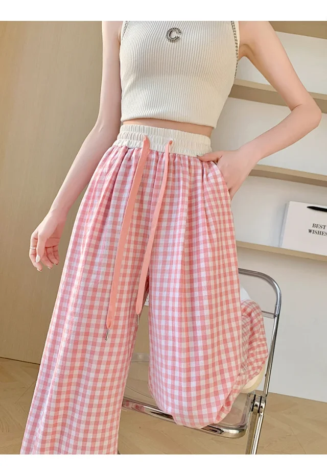 2025 Summer Thin High - waisted Retro Plaid Wide - leg Pants Detail