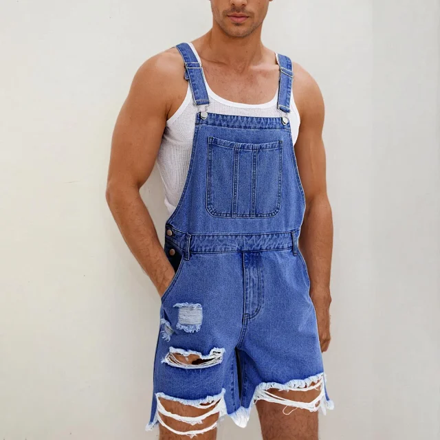 Men's Denim Suspender Shorts with Ripped Design Detail