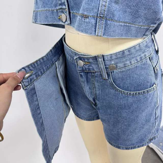 European and American Denim Shirt & Skirt/Pants Set Detail