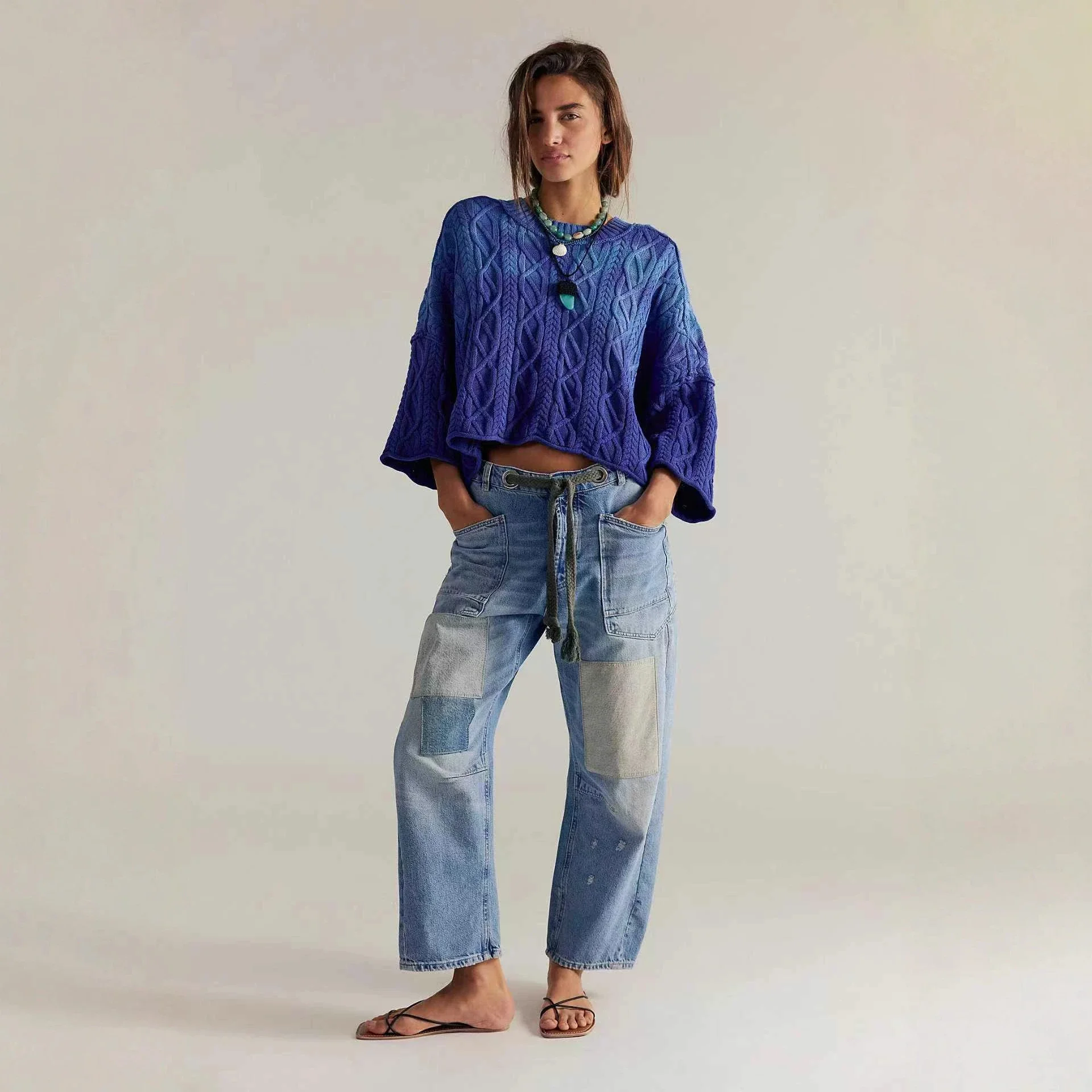 8 - Color Retro Denim with Patchwork & Drawstring