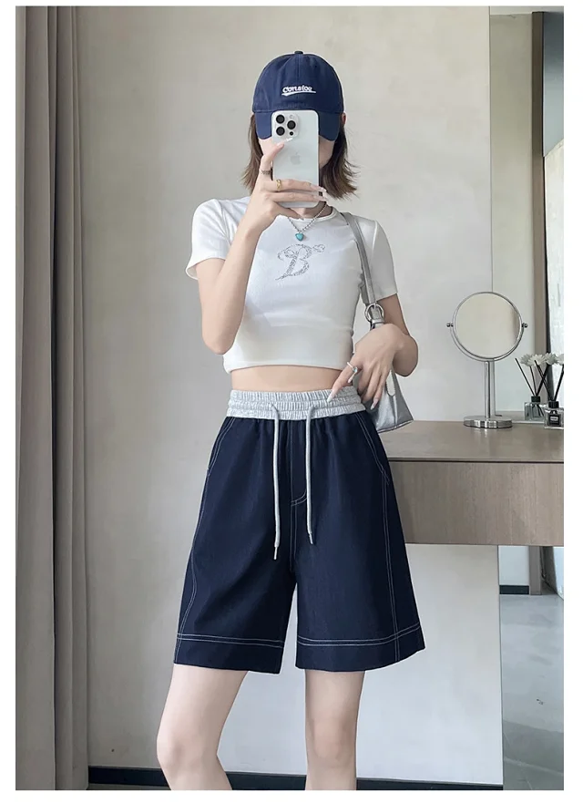 Old Money Style Asymmetric Denim Shorts Detail