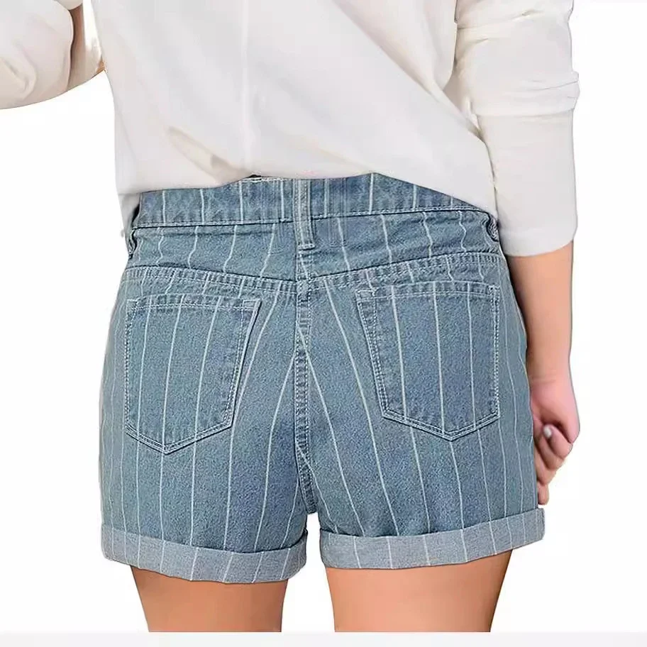 High-waisted Striped Cuffed Denim Shorts for Women