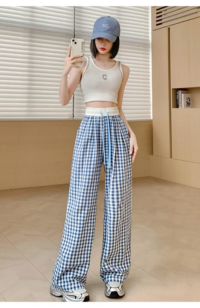 2025 Summer Thin High - waisted Retro Plaid Wide - leg Pants Detail