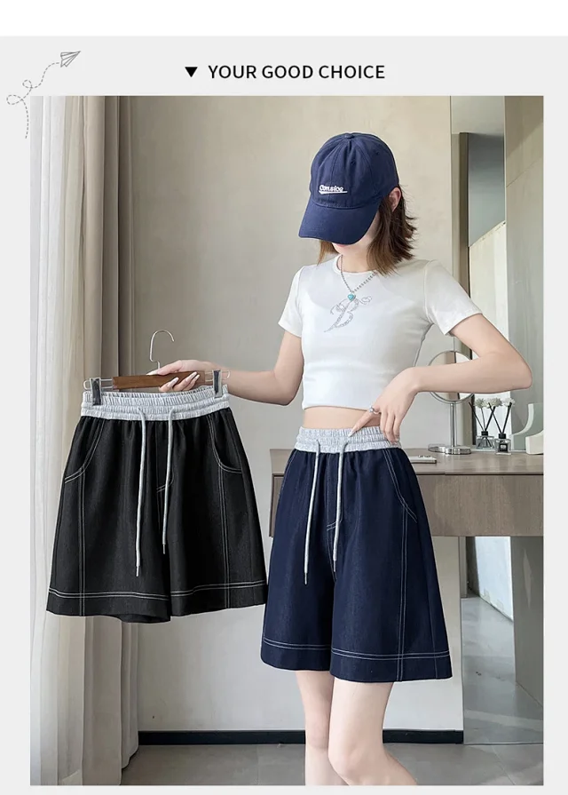 Old Money Style Asymmetric Denim Shorts Detail