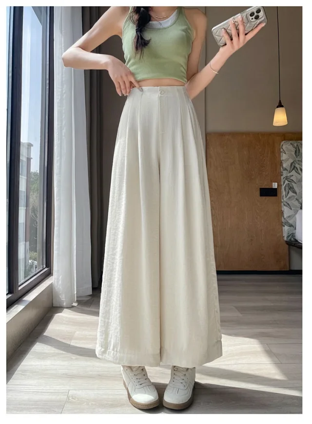 2025 Summer Women's Ice Silk Linen Wide-Leg Pants Detail