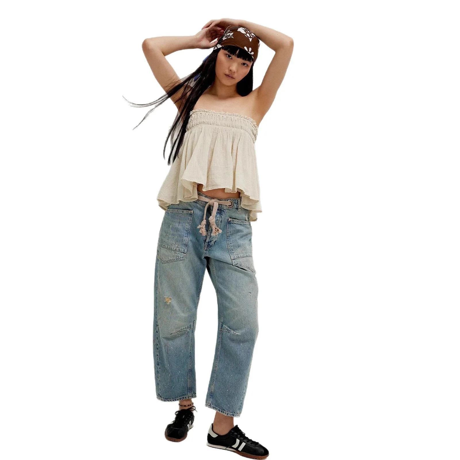 8 - Color Retro Denim with Patchwork & Drawstring