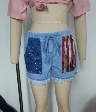 High-Waisted Drawstring Fringe Denim Shorts Detail