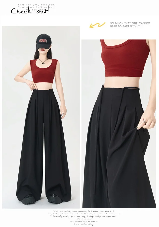 French High-Waist Drawstring Wide-Leg Pants 2025 Summer New Detail
