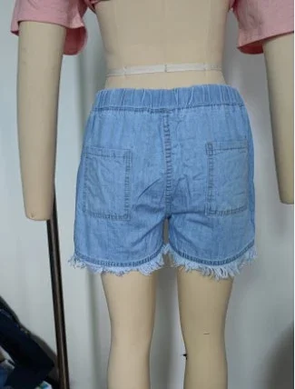 High-Waisted Drawstring Fringe Denim Shorts Detail