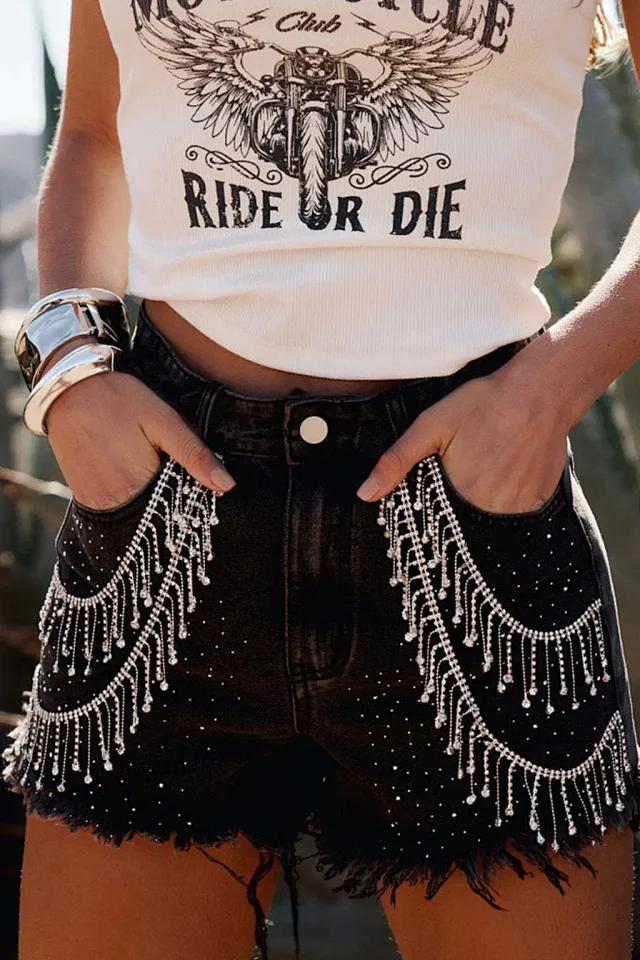 Sexy Fringe Rhinestone Chain Denim Shorts Detail