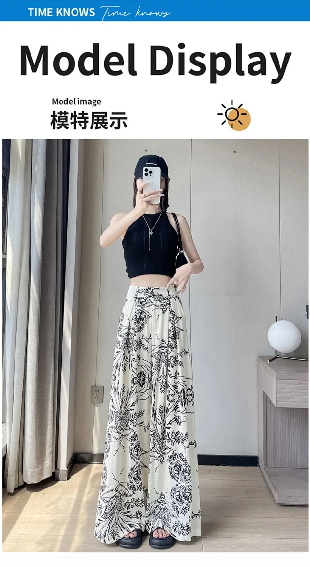 Vintage Floral Linen Wide-Leg Pants Detail