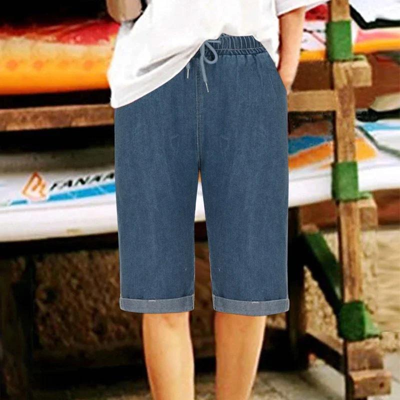European & American Sourced Women's Loose Straight Cuffed Dark Blue Denim Capris
