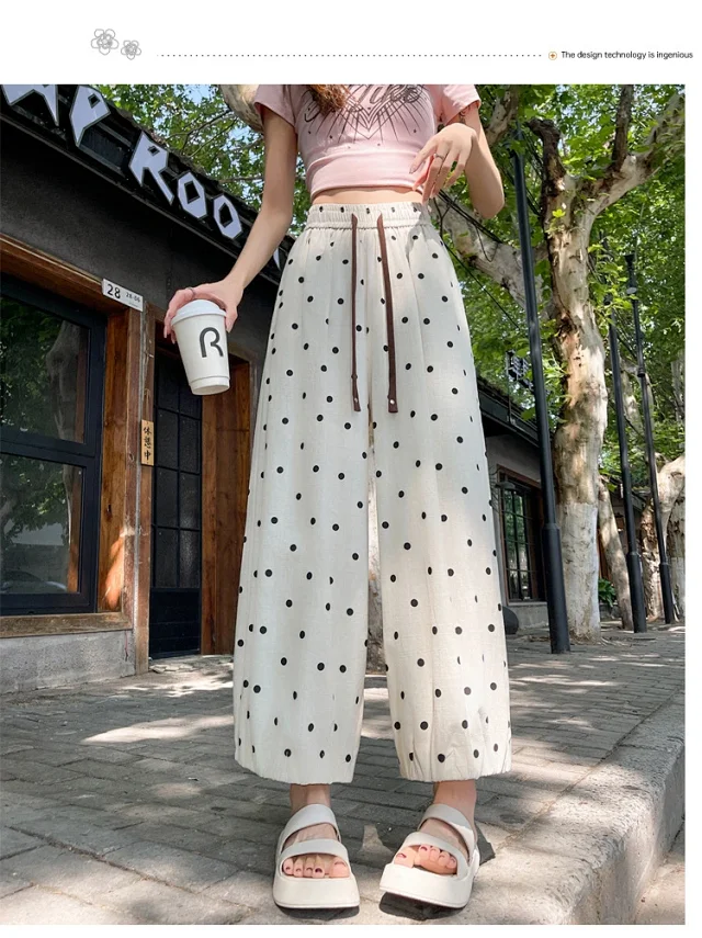 Ice Silk Polka Dot Linen Casual Pants Detail