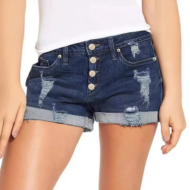 High-waisted Ripped Cuffed Denim Shorts for Women