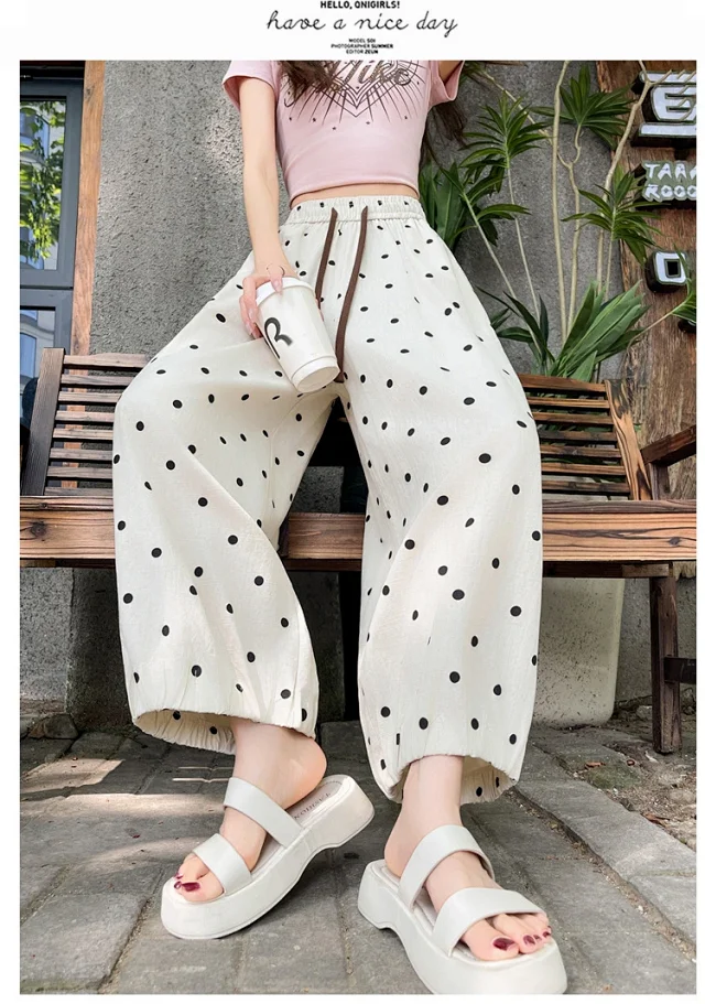 Ice Silk Polka Dot Linen Casual Pants Detail