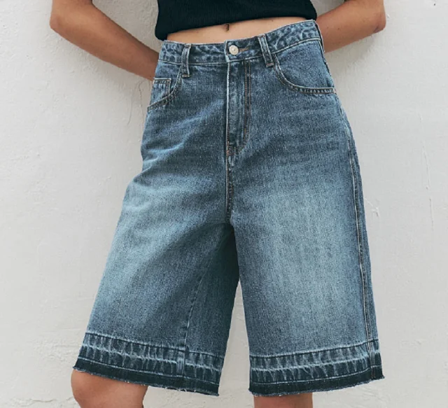 TUME Retro Loose High-waist Denim Capris for Women Detail