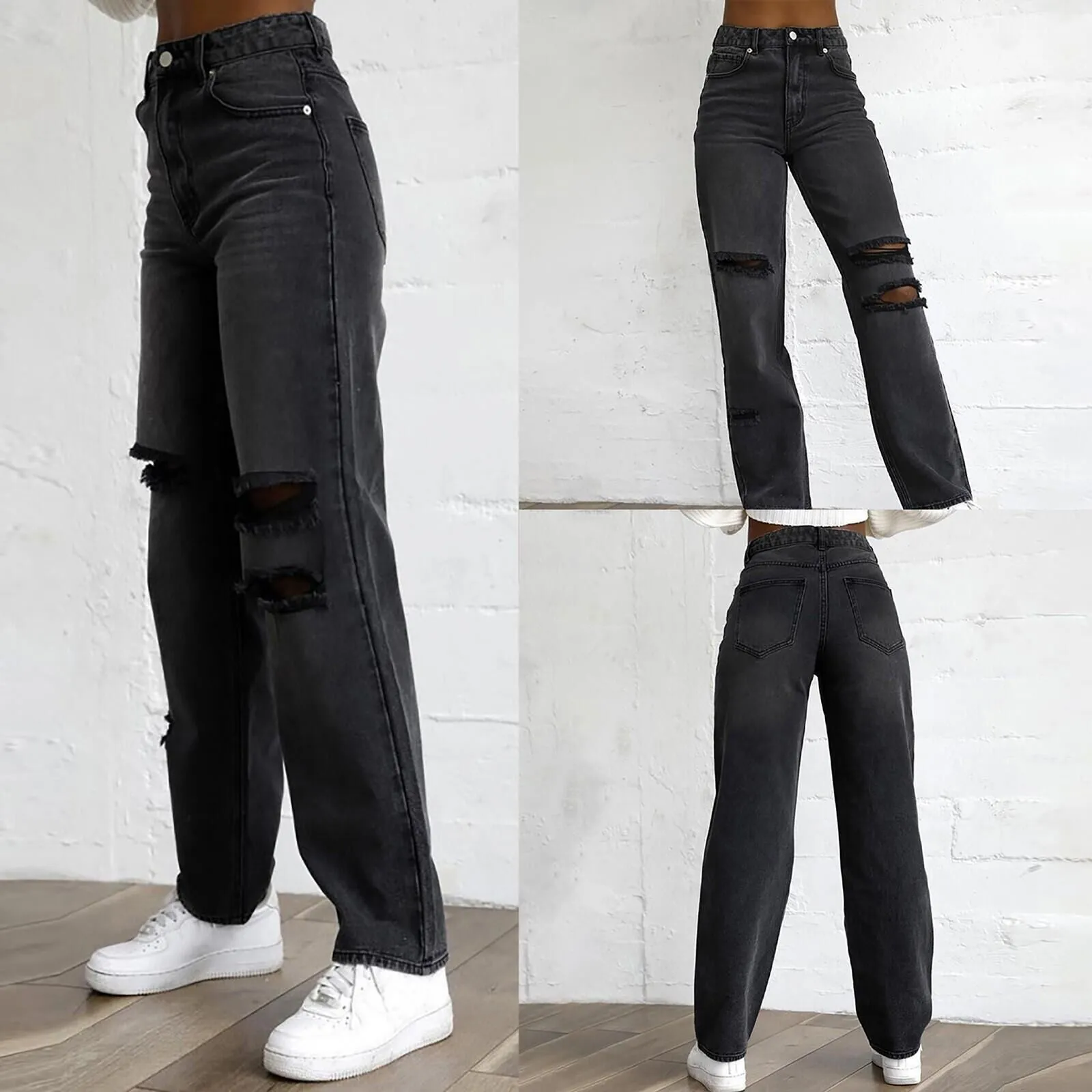 Women's Distressed Slim-Fit Solid Denim Pants
