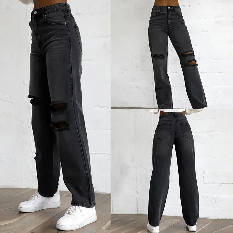 Women's Distressed Slim-Fit Solid Denim Pants