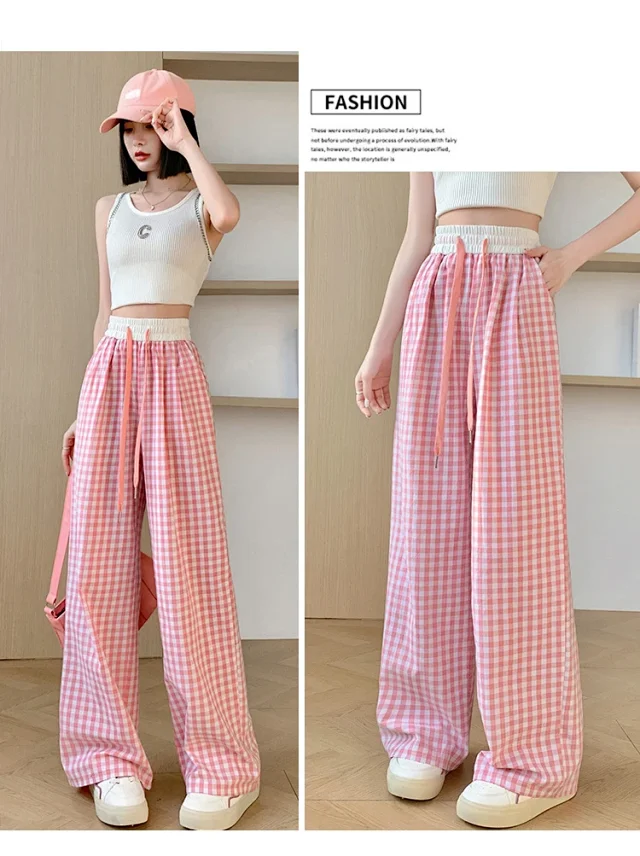 2025 Summer Thin High - waisted Retro Plaid Wide - leg Pants Detail