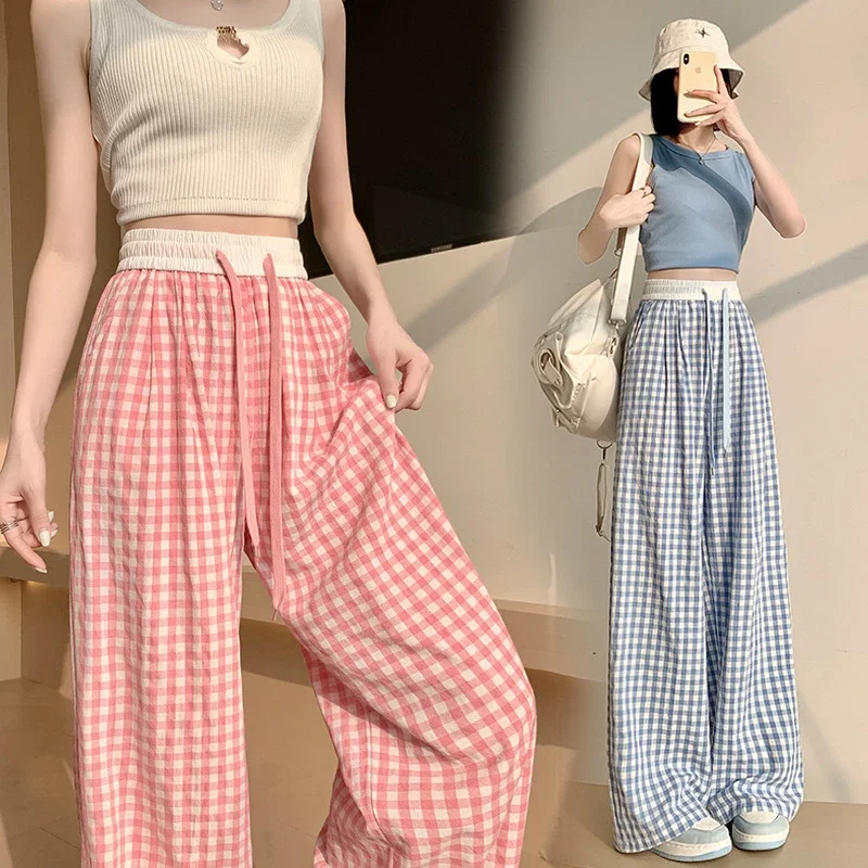 2025 Summer Thin High - waisted Retro Plaid Wide - leg Pants