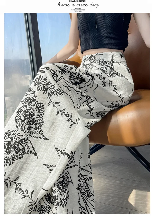 Vintage Floral Linen Wide-Leg Pants Detail