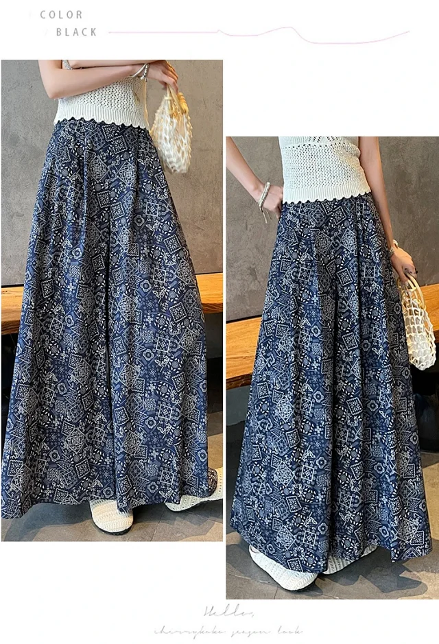 2025 Summer Women's French Retro Print A-line Wide-leg Capris Detail
