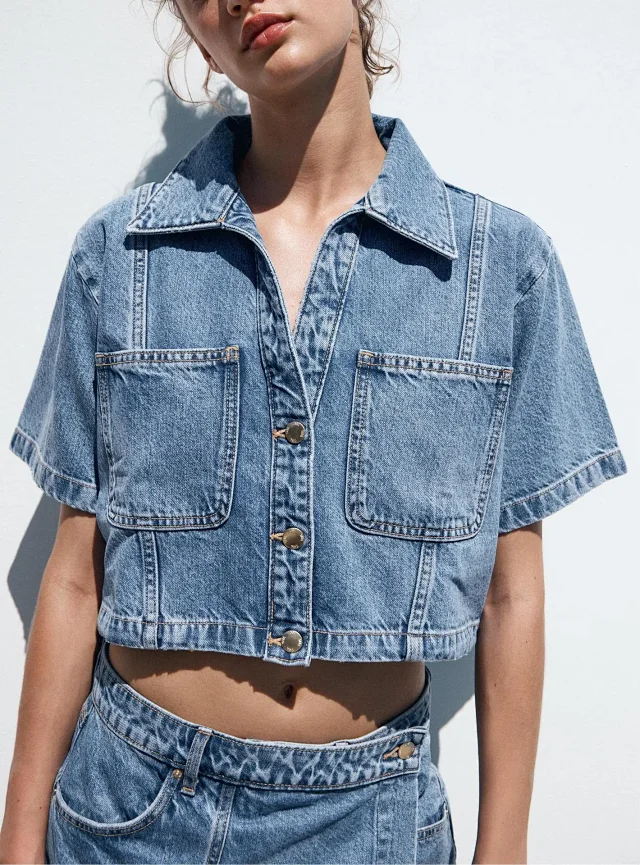 European and American Denim Shirt & Skirt/Pants Set Detail